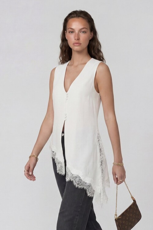 V Yaka Dantel Detaylı Asimetrik Yelek