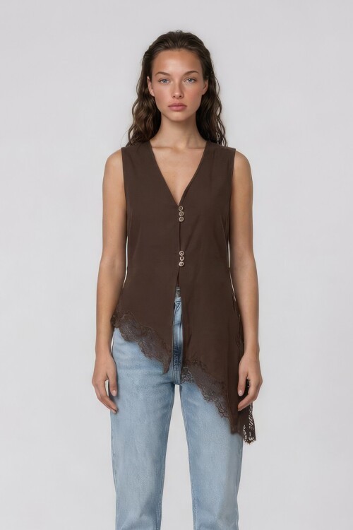 V Yaka Dantel Detaylı Asimetrik Yelek