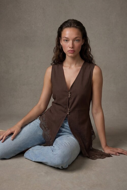 V Yaka Dantel Detaylı Asimetrik Yelek