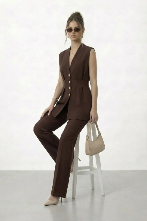 V Yaka Düğme Detaylı Kolsuz Takım