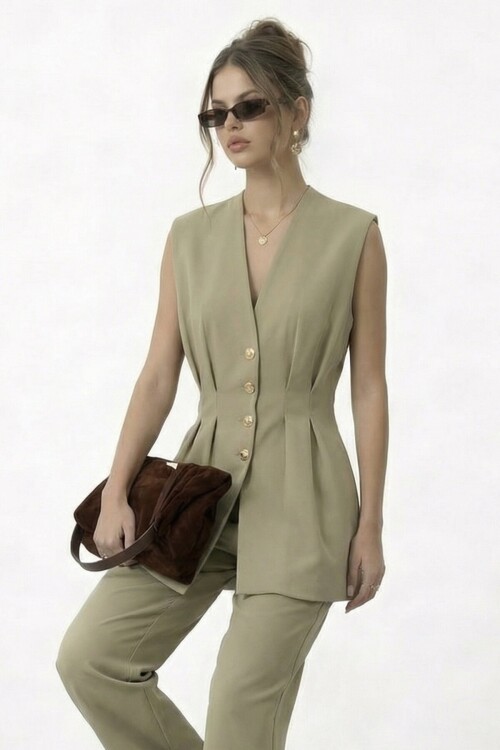 V Yaka Düğme Detaylı Kolsuz Takım