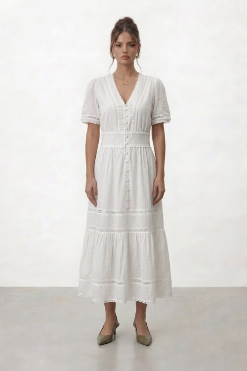 V Yaka Düğmeli Katlı Midi Elbise