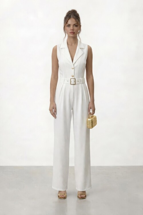 V  Yaka Düğmeli Kemerli Geniş Paça Tulum