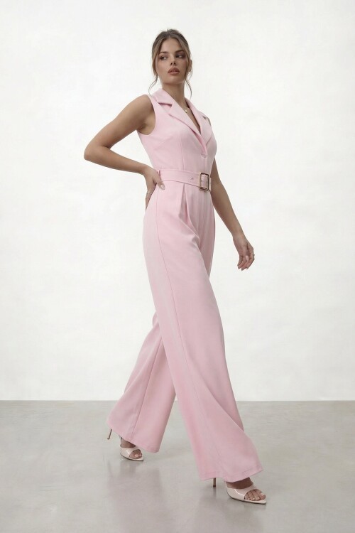 V  Yaka Düğmeli Kemerli Geniş Paça Tulum