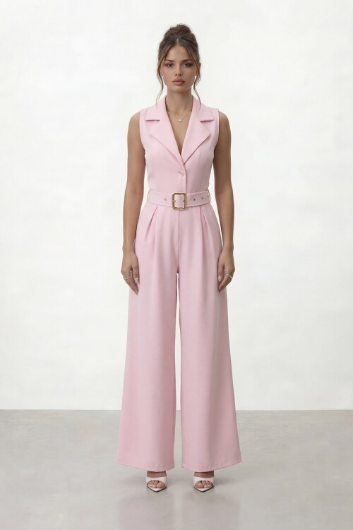 V  Yaka Düğmeli Kemerli Geniş Paça Tulum