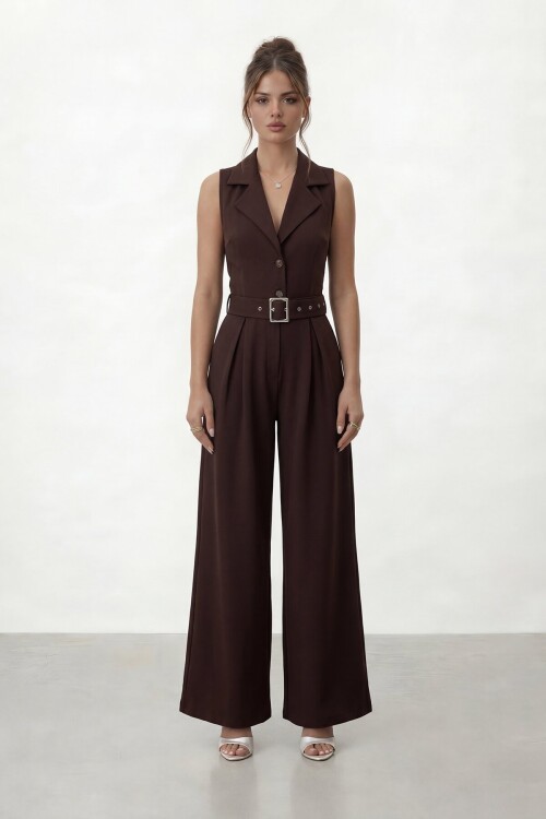 V  Yaka Düğmeli Kemerli Geniş Paça Tulum