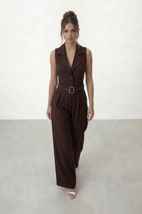 V  Yaka Düğmeli Kemerli Geniş Paça Tulum