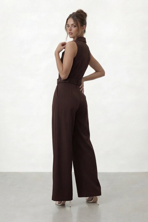 V  Yaka Düğmeli Kemerli Geniş Paça Tulum