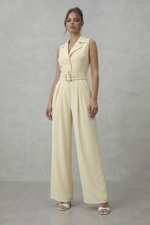 V  Yaka Düğmeli Kemerli Geniş Paça Tulum