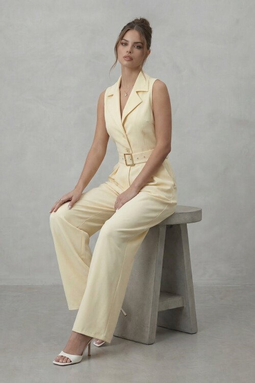 V  Yaka Düğmeli Kemerli Geniş Paça Tulum