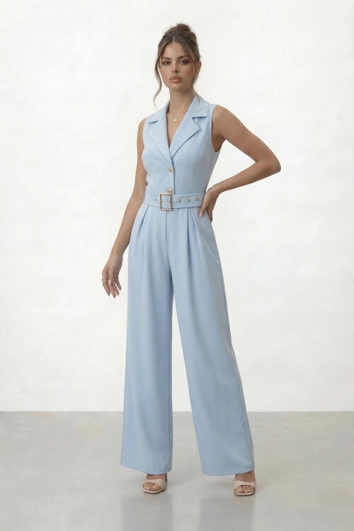 V  Yaka Düğmeli Kemerli Geniş Paça Tulum