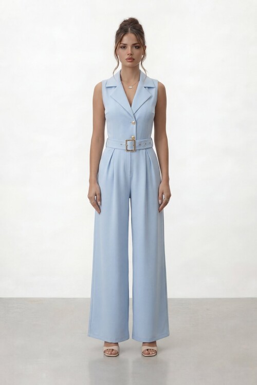 V  Yaka Düğmeli Kemerli Geniş Paça Tulum