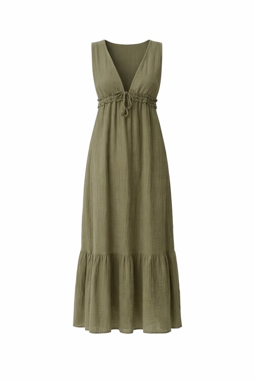 Vizon V Yaka Fırfır Detaylı Astarlı Müslin Elbise