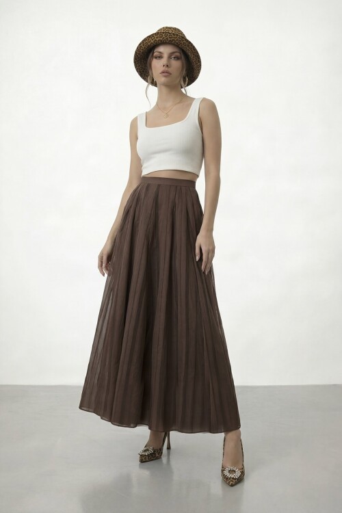 Yüksek Bel Pileli Midi Etek