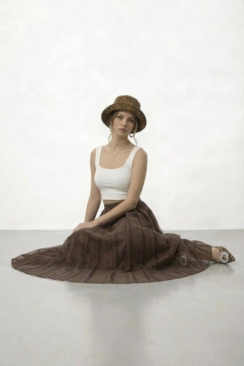 Yüksek Bel Pileli Midi Etek