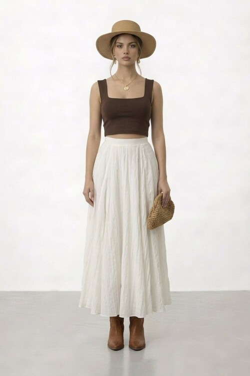 Yüksek Bel Pileli Midi Etek