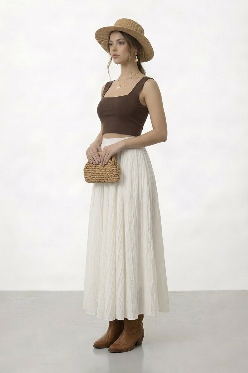 Yüksek Bel Pileli Midi Etek