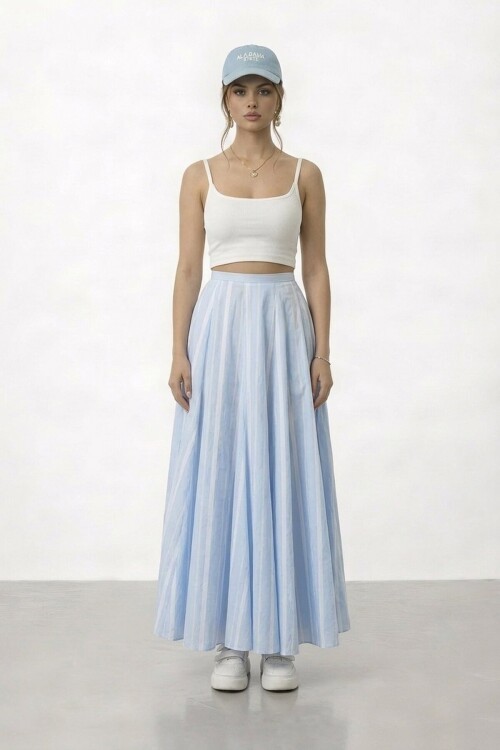 Yüksek Bel Pileli Midi Etek