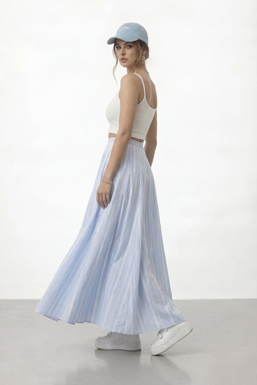 Yüksek Bel Pileli Midi Etek