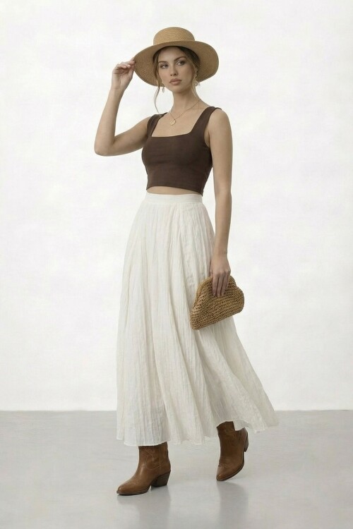 Yüksek Bel Pileli Midi Etek