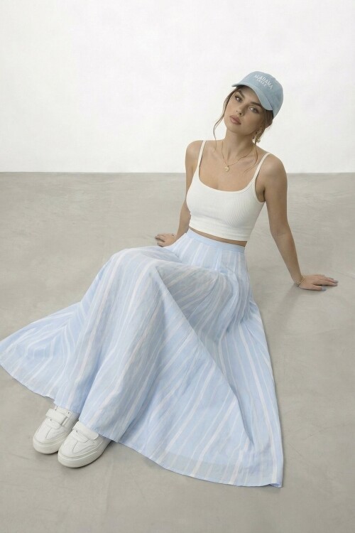 Yüksek Bel Pileli Midi Etek