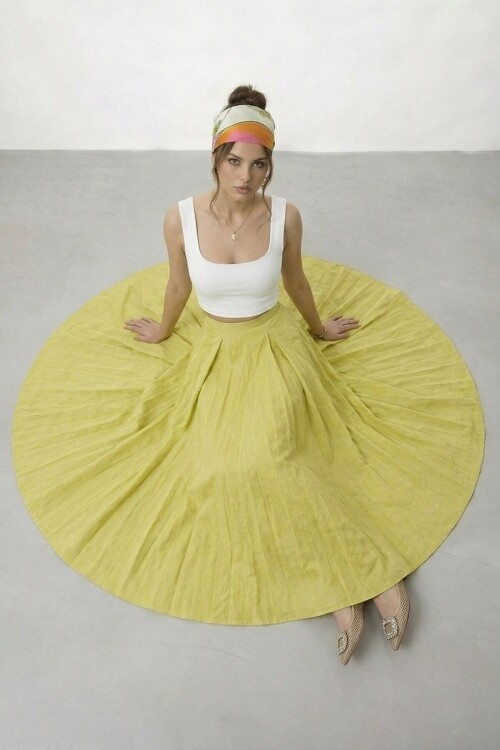 Yüksek Bel Pileli Midi Etek