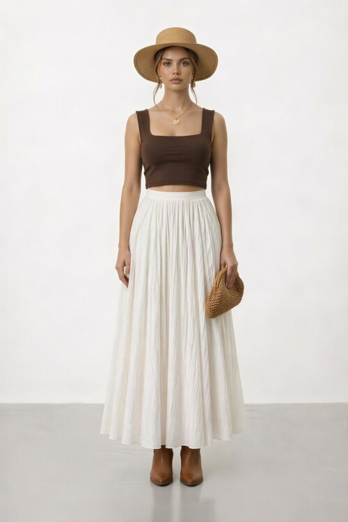 Yüksek Bel Pileli Simli Midi Etek