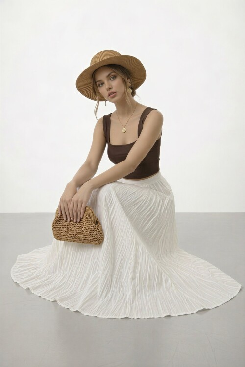 Yüksek Bel Pileli Simli Midi Etek