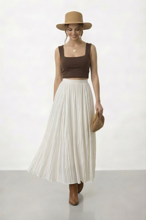 Yüksek Bel Pileli Simli Midi Etek