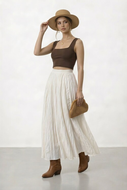 Yüksek Bel Pileli Simli Midi Etek