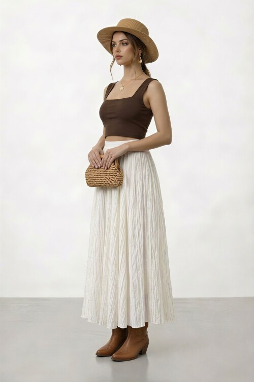 Yüksek Bel Pileli Simli Midi Etek