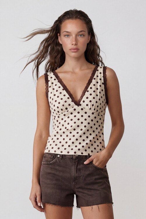 Askılı Drape Detaylı Puantiyeli Crop Bluz