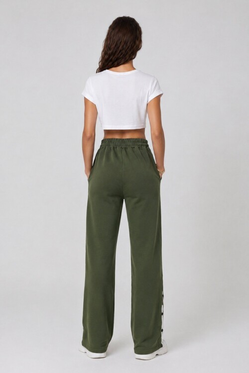 Çift Cepli Lastikli Yanları Şeritli Wide Leg Pantolon