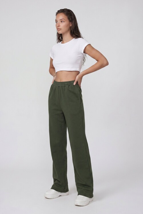 Çift Cepli Lastikli Yanları Şeritli Wide Leg Pantolon