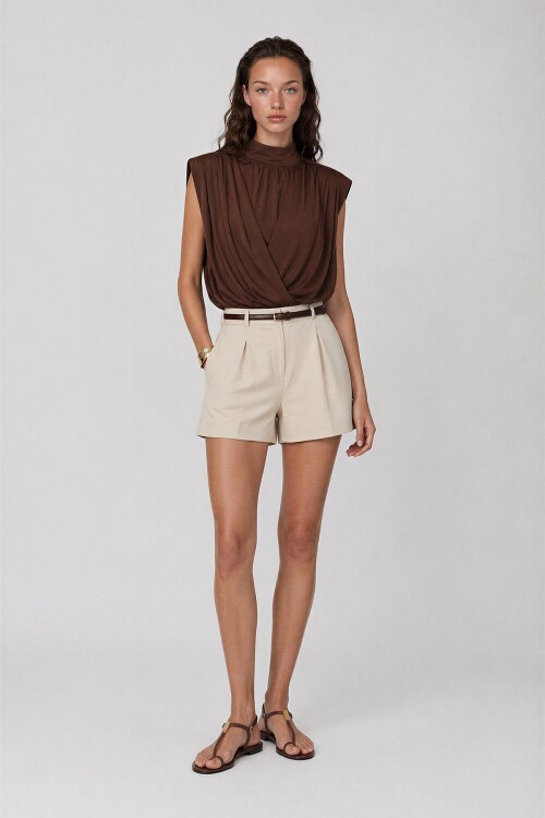 Dik Yaka Kruvaze Beli Lastikli Sırtı V Yaka Bağlamalı Bluz