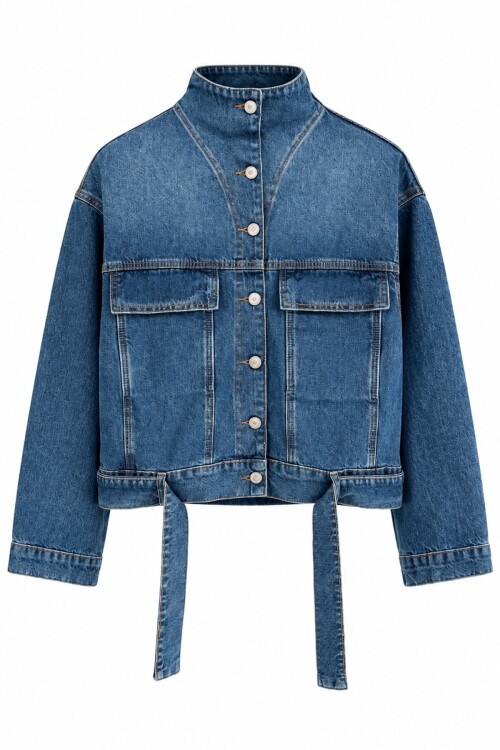 Dik Yaka Kuşaklı Denim Ceket