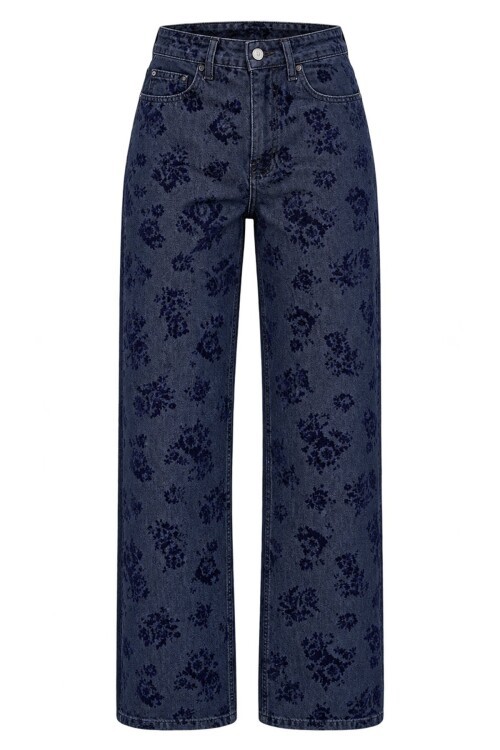 Flok Baskılı Düz Kesim Denim Pantolon