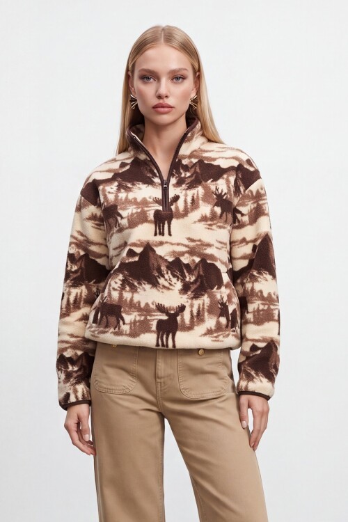 Geyik ve Doğa Desenli Yarım Fermuar Sweatshirt