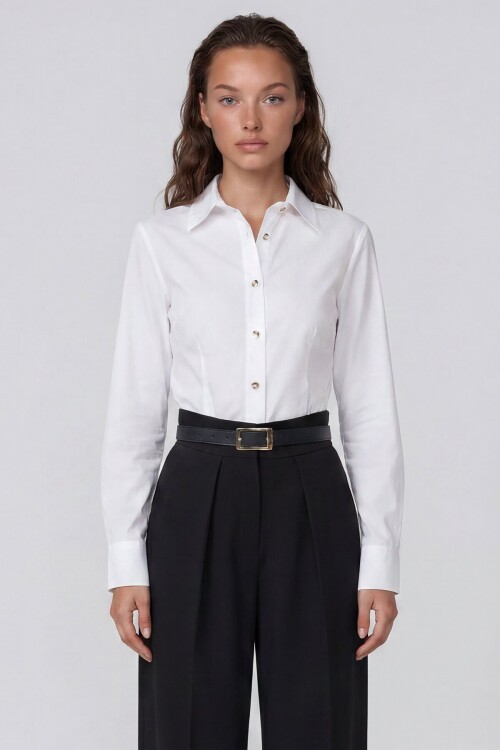 Gold İnci Düğme Detaylı Pensli Slim Fit Poplin Gömlek