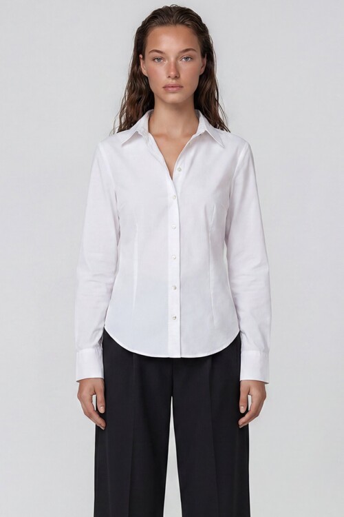 Gold İnci Düğme Detaylı Pensli Slim Fit Poplin Gömlek