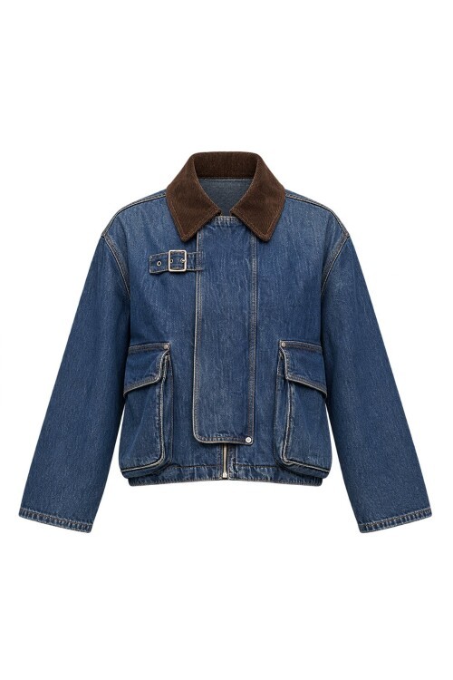 Kadife Yaka Torba Cepli Denim Ceket