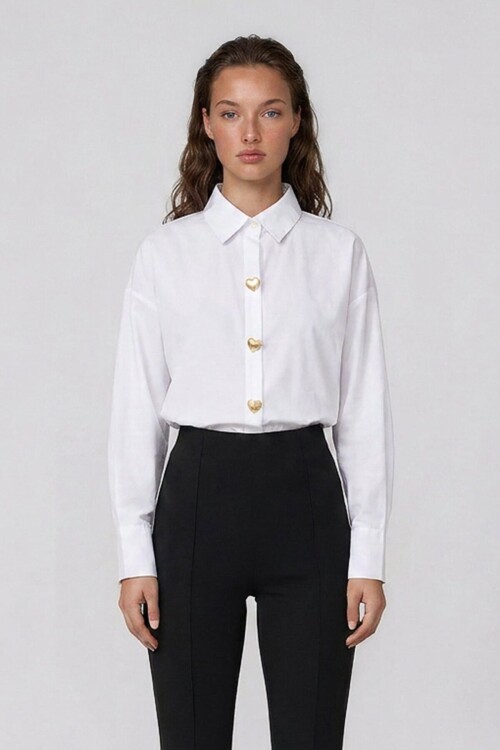 Kalp Düğmeli Oversize Poplin Gömlek