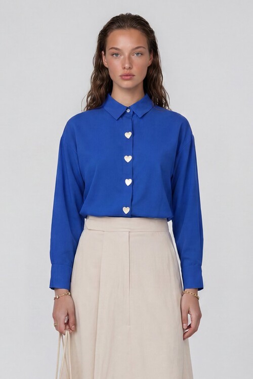 Kalp Düğmeli Oversize Poplin Gömlek