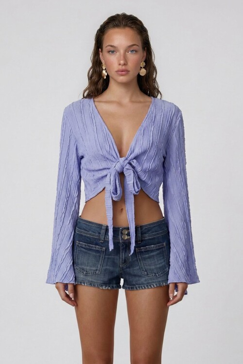 Kruvaze Yaka İspanyol Kol Crop Bluz