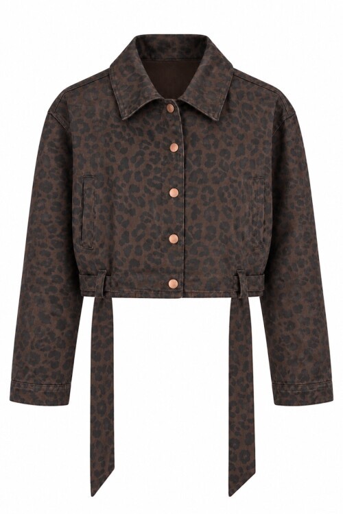 Leopar Desenli Kuşaklı Crop Ceket