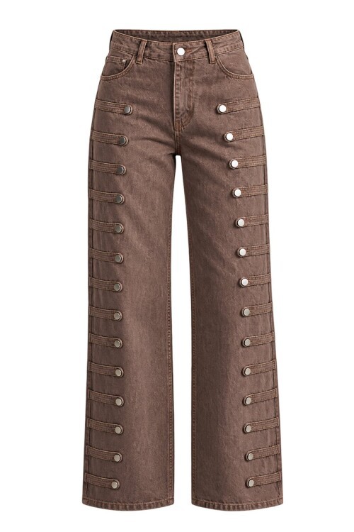 Metal Toka ve Şerit Detaylı Denim Pantolon