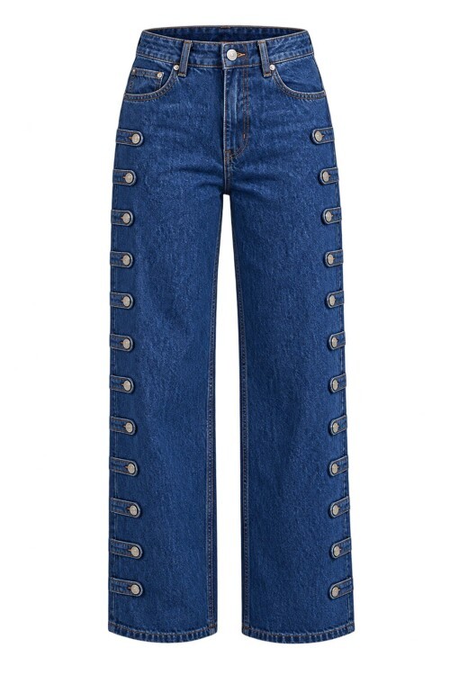 Metal Toka ve Şerit Detaylı Denim Pantolon