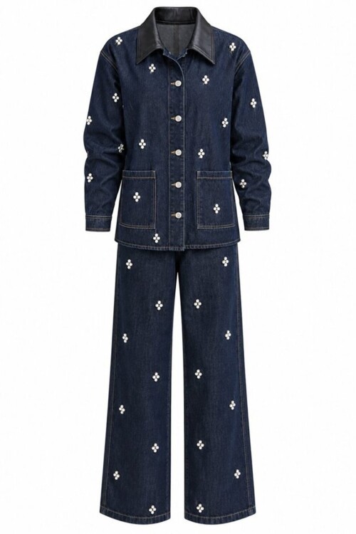 Taşlı Denim Ceket Pantolon Takım