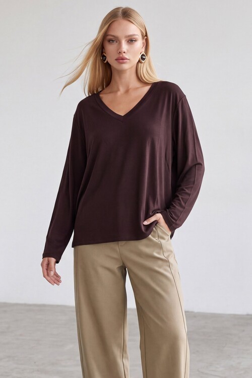 V Yaka Oversize Basic Bluz