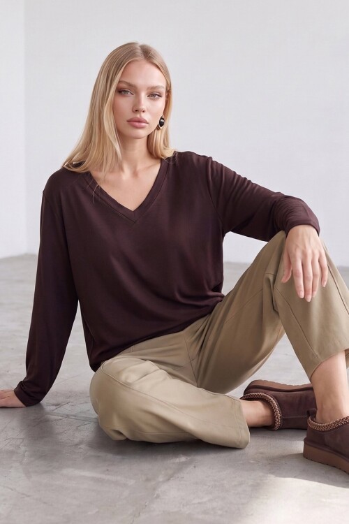 V Yaka Oversize Basic Bluz